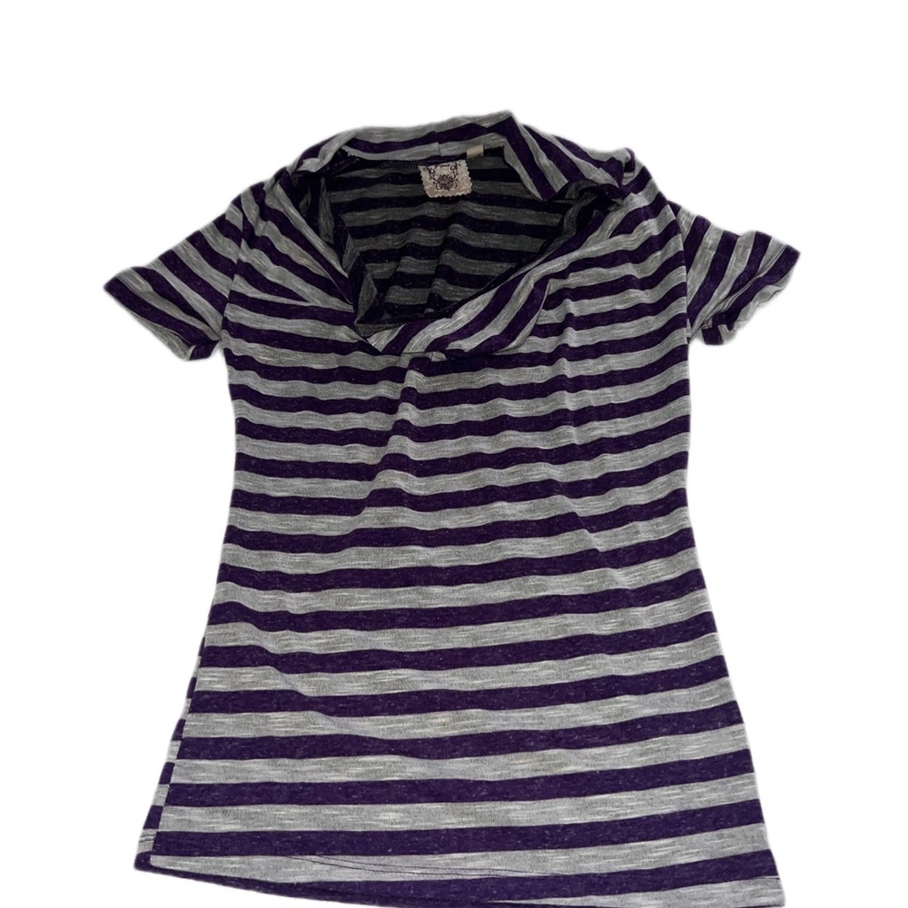 Y2K Purple & Gray Striped Cowl Neck Top - Short Sleeve Juniors Medium